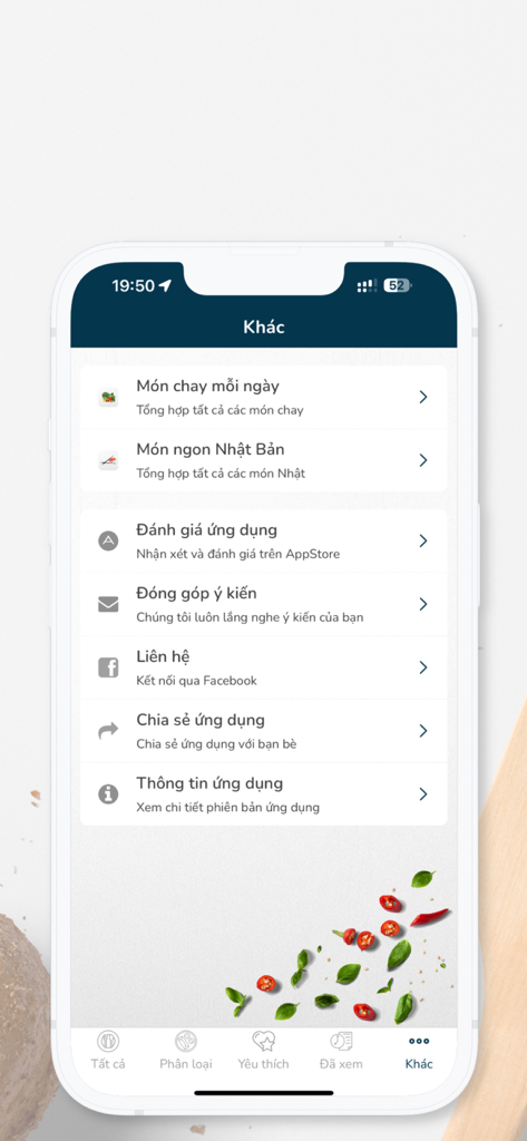 Món ăn ngon mỗi ngày - The settings and more options screen of a Vietnamese recipe application showing vegetarian and Japanese food categories