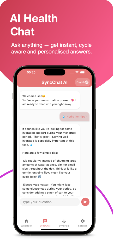 Interfaz de la aplicación HerSync mostrando SyncChat IA proporcionando consejos personalizados de salud e hidratación basados en la fase del ciclo menstrual del usuario.