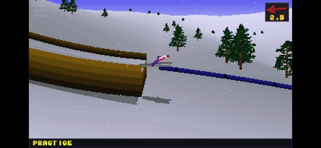 Un saltador de esquí pixelado en el aire durante el modo de práctica en el juego Deluxe Ski Jump 2