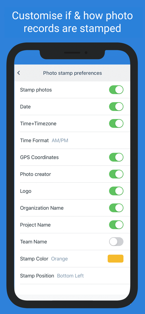 Dashpivot - Dashpivot app screen displaying customizable photo stamp settings for construction site records including GPS and timestamps