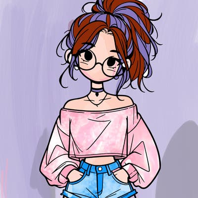 girl with a messy ponytail glasses a baggy crop top and jean shorts