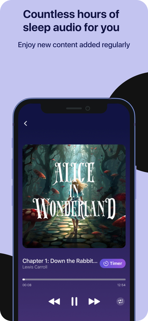 Yawn: Sleep Sounds, Audiobooks - Interface do aplicativo Yawn mostrando o reprodutor de audiobook para dormir Alice no País das Maravilhas com recurso de temporizador de sono.