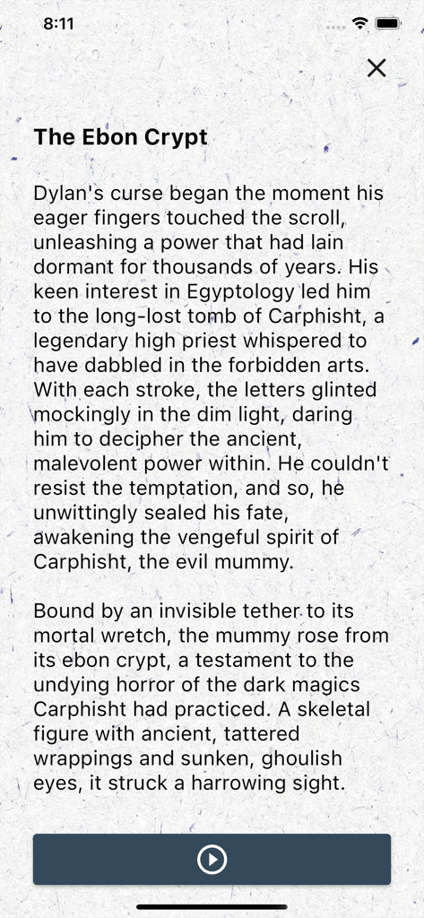 Schermata mobile che mostra una storia generata dall'IA intitolata The Ebon Crypt con un pulsante di riproduzione per l'audio text to speech