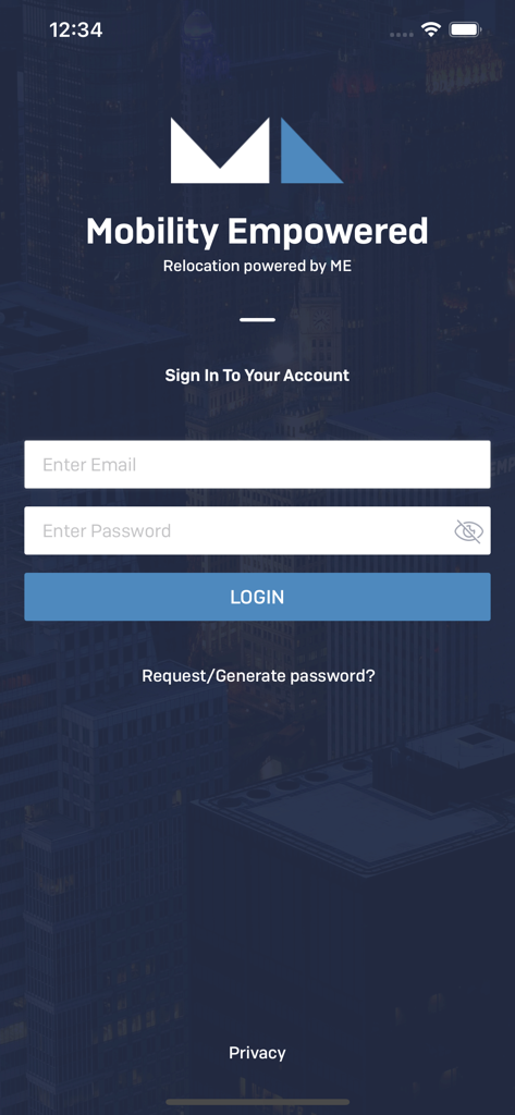 RelocateME - RelocateME mobile app login screen with email and password fields