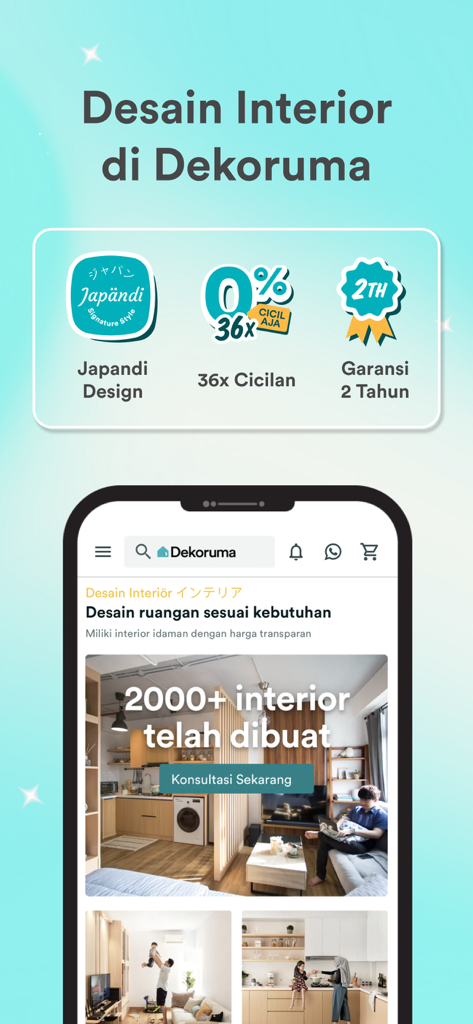 Dekoruma: Furniture & Interior - Schermata dell'app mobile Dekoruma che mostra servizi di interior design Japandi con opzioni di rateizzazione e una garanzia di due anni