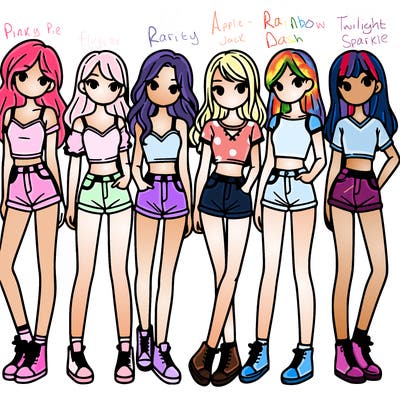 a group of girls wearing crop tops and shorts