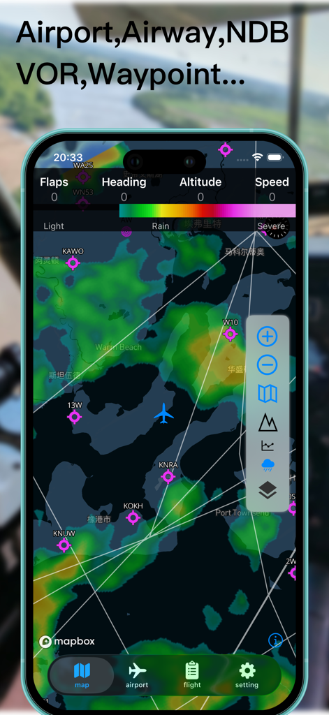 MSFS MAP NG - MSFS MAP NG app interface displaying a flight map with weather radar and airport waypoints