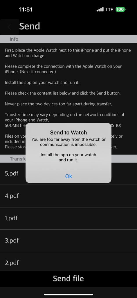 WatchPDF iPhone app screen showing an alert for sending PDF files to an Apple Watch