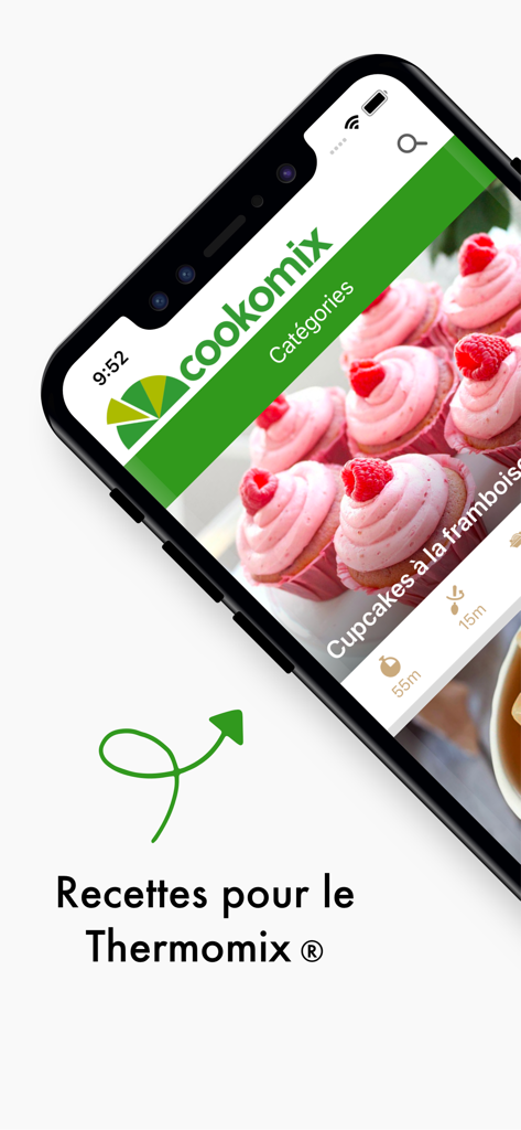 Cookomix - Schermata di uno smartphone che mostra una ricetta di cupcake ai lamponi sull'app Cookomix per utenti Bimby.