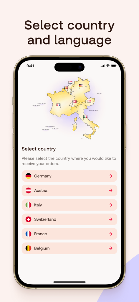 Mobile app screen showing the country and language selection menu with a map of Europe
