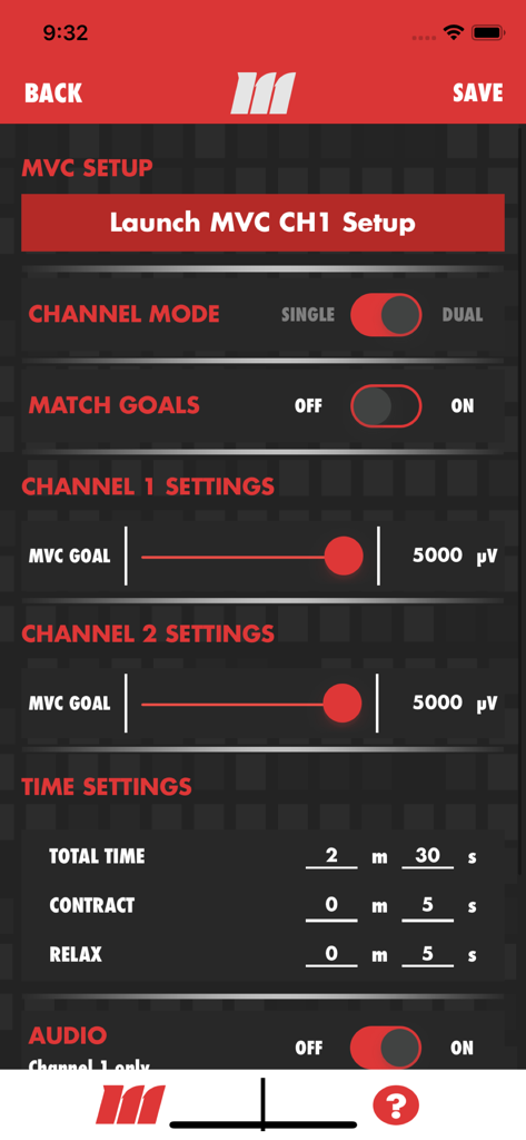 mTrigger™ Biofeedback - mTrigger app MVC setup screen showing channel goals and time settings for muscle monitoring