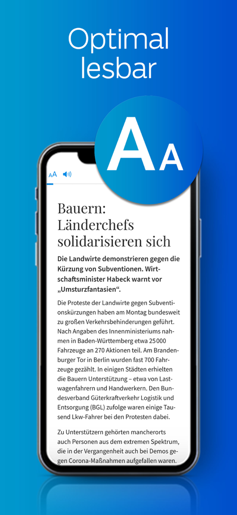 BZ ePaper - BZ ePaper App-Oberfläche, die einen Nachrichtenartikel mit einstellbarer Schriftgröße für bessere Lesbarkeit zeigt