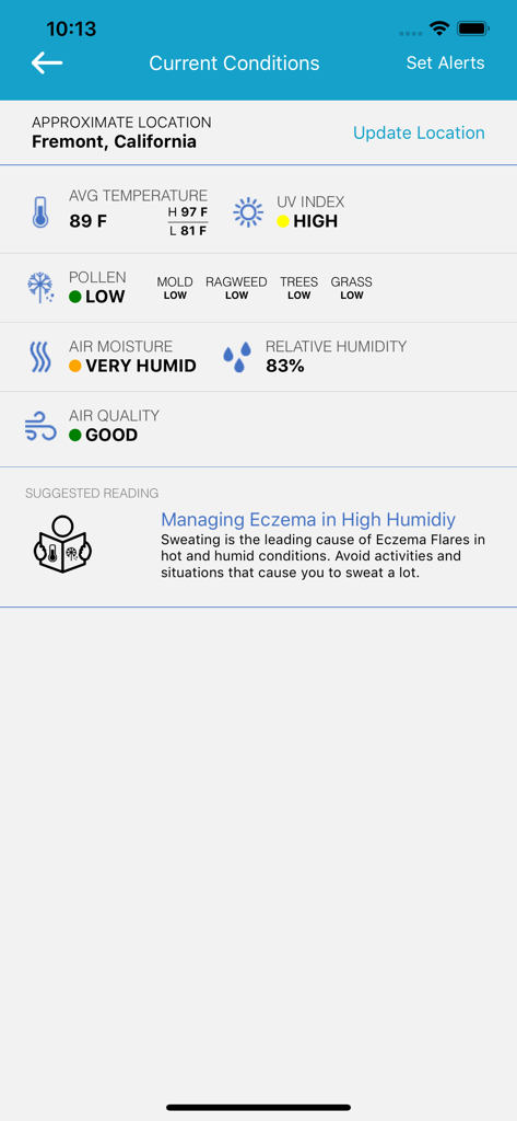 EczemaLess, an AI Eczema Guide - Current weather conditions and environmental triggers dashboard in the EczemaLess app.