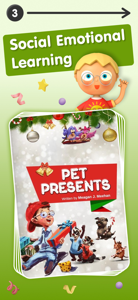 A children's digital book cover titled Pet Presents within the social emotional learning section of the app.