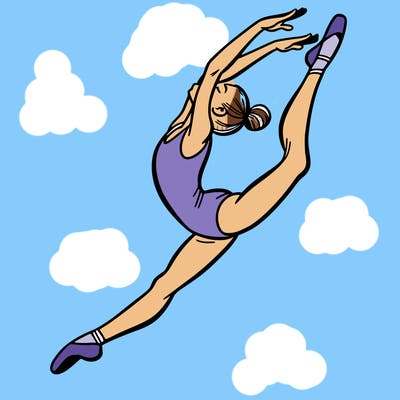 gymnast doing a leap in a leotard with a bent back leg