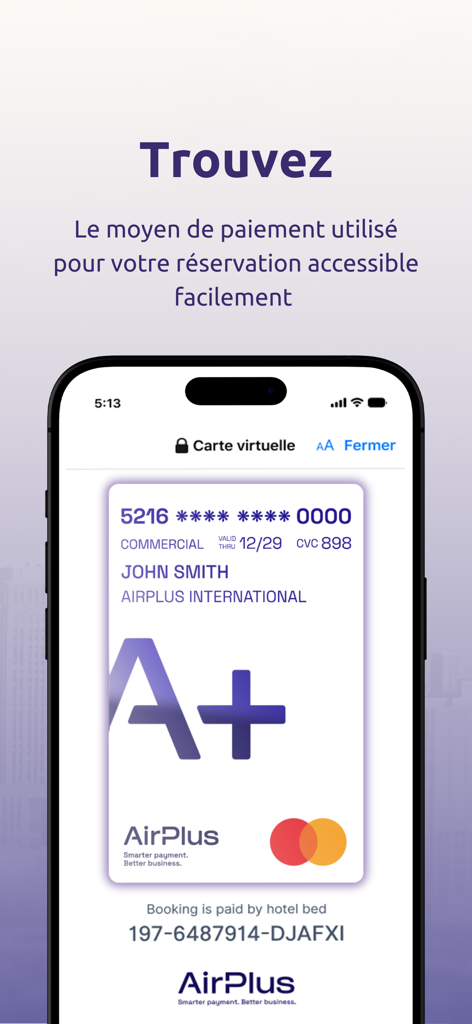 A virtual corporate payment card displayed on a smartphone screen within the CDS App.
