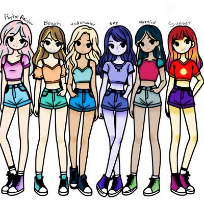 a group of girls wearing crop tops and shorts