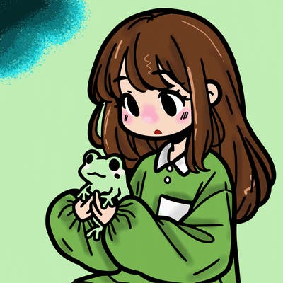 girl with long hair and a oversized shirt. and she is holding a frog