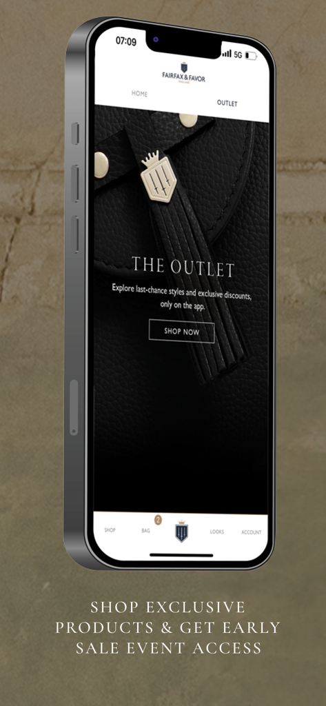 Fairfax & Favor - iPhone displaying the Fairfax and Favor app outlet page featuring exclusive discounts and early sale access on luxury leather goods