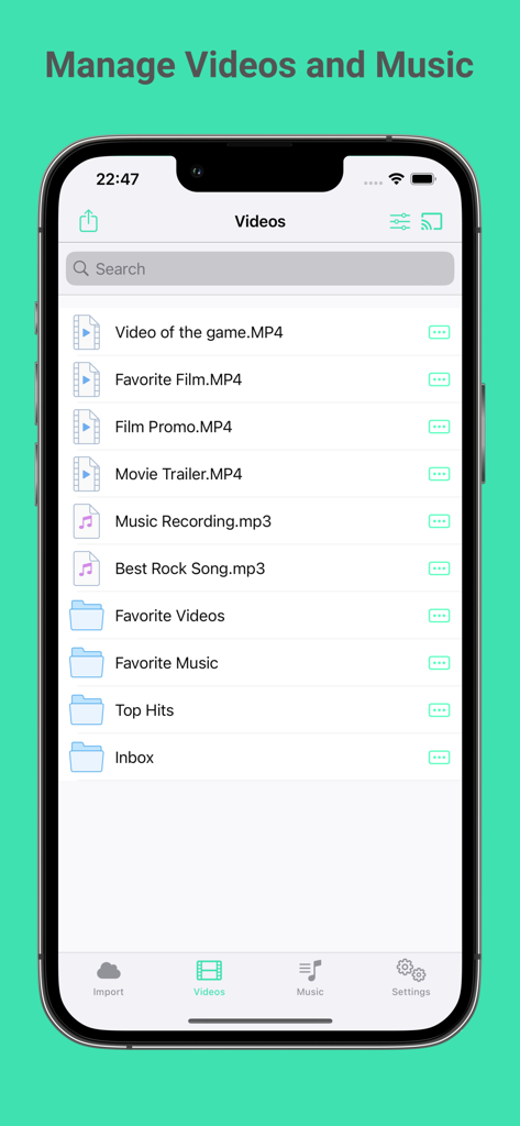 OfflineMedia - Files Player - Captura de pantalla de la aplicación OfflineMedia mostrando una lista de vídeos, archivos de música y carpetas dentro de una interfaz de gestor de archivos móvil.