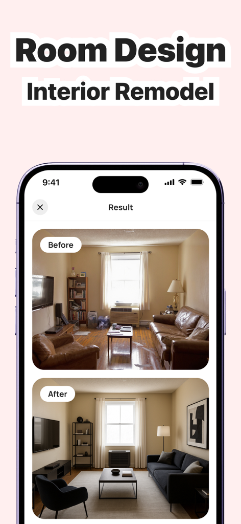AI Home Remodel – Dekor - Before and after comparison of a living room interior redesign using AI