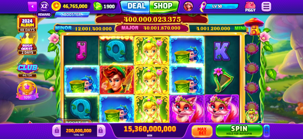 Jackpot Wild - Slots Casino - Fairy themed slot machine interface in Jackpot Wild Slots Casino showing a large coin win.
