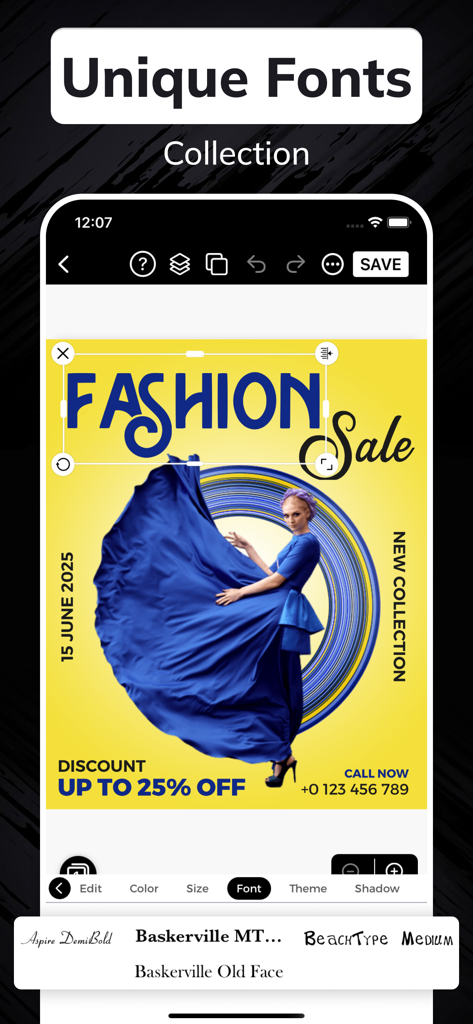 Interface de utilizador de uma aplicação de criação de panfletos apresentando vários estilos de tipos de letra exclusivos para um cartaz de saldos de moda.