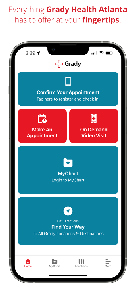Grady GO! - Grady GO app home screen displaying buttons for appointments MyChart medical records and hospital navigation