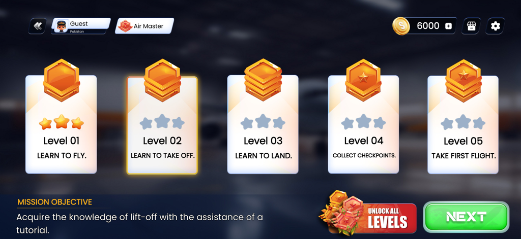 Real Flight Simulator - Level selection screen in Real Flight Simulator 3D showing pilot training missions for takeoff and landing