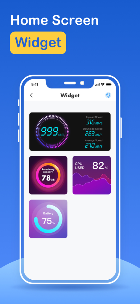 Storage cleaner app interface showing various home screen widgets including internet speed, storage capacity, cpu usage, and battery life.