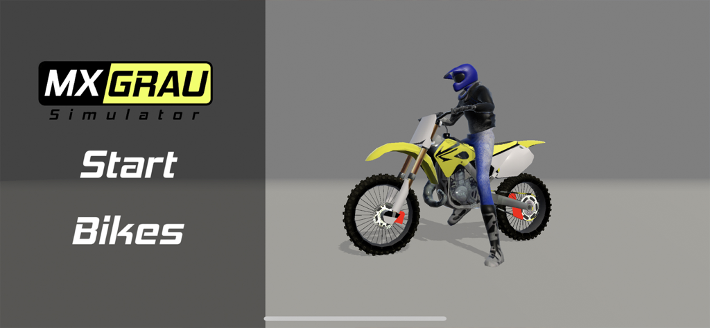 MX Grau Simulator main menu showing a yellow dirt bike with a rider in a blue helmet