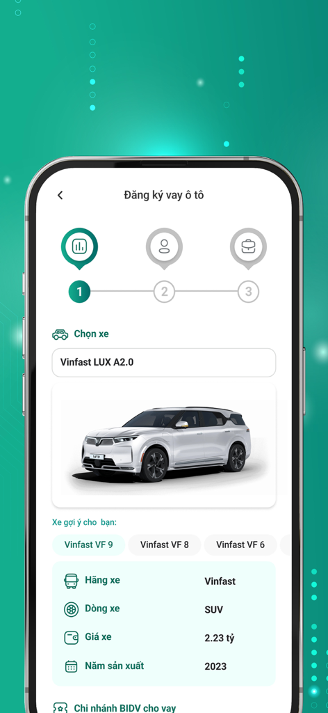 BIDV Home - A car loan registration screen on the BIDV Home app featuring a Vinfast SUV and its technical specifications.