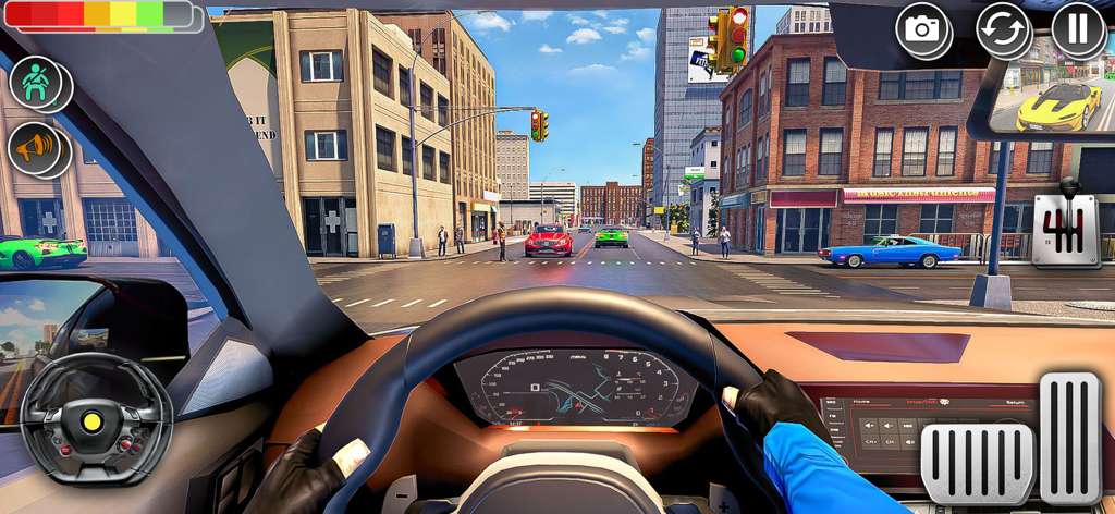 Car Driving School: Drive Test - First person perspective of driving a car through city streets in a realistic driving simulator