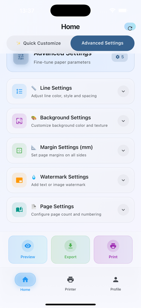 Paper AI: Planner & Templates - Menú de configuración avanzada en Paper AI para personalizar líneas de papel, fondos, márgenes y marcas de agua.