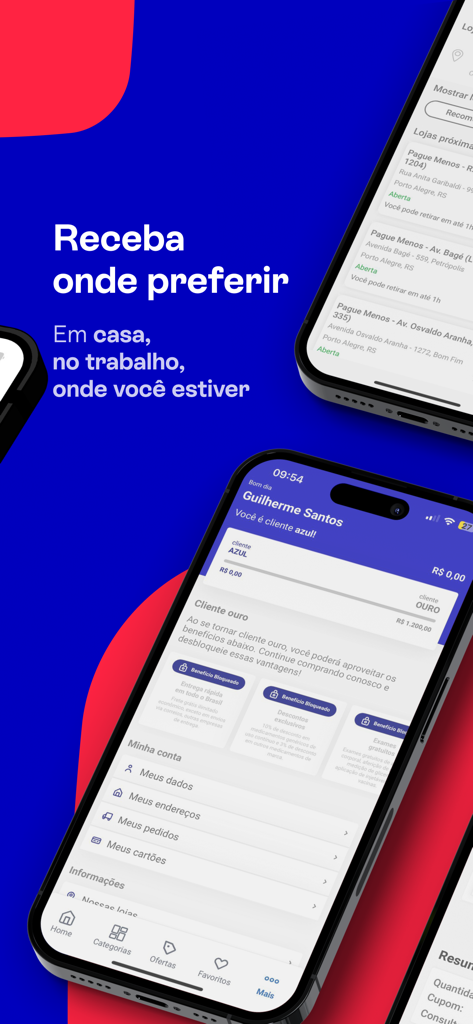 Farmácias Pague Menos - Interface of the Pague Menos app showing delivery options and customer loyalty profile