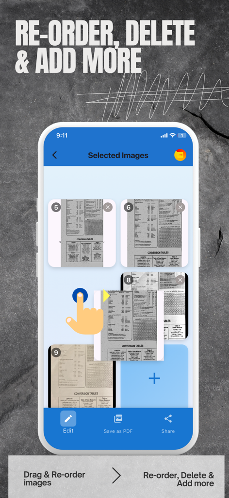Interface of PDF Scanner RS app showing a user dragging and reordering scanned document pages