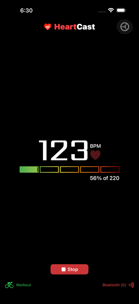 Screenshot of the HeartCast app interface displaying a heart rate of 123 BPM and a workout zone progress bar