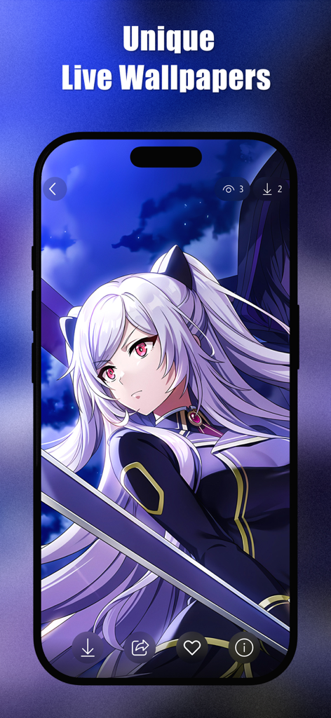 Anime Girl Wallpaper 4K | HD - A high resolution live wallpaper featuring an anime girl with white hair and a sword on an iPhone screen.
