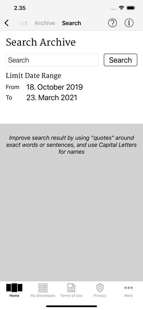 Archive search screen in the Belfast Telegraph ePapers app with date selection