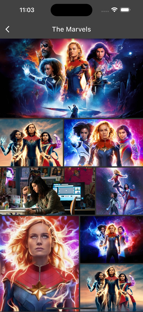 A gallery view of the movie The Marvels showing various posters and stills in the myFilms app