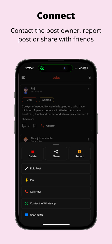 Kaam Kotha - Kaam Kotha App-Oberfläche, die Optionen zum Kontaktieren eines Stellenanbieters per Anruf, WhatsApp oder SMS anzeigt.