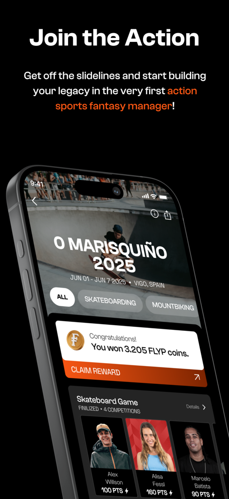 FLYP Fantasyアクションスポーツマネージャーアプリの画面。スケートボードイベントと報酬が表示されている