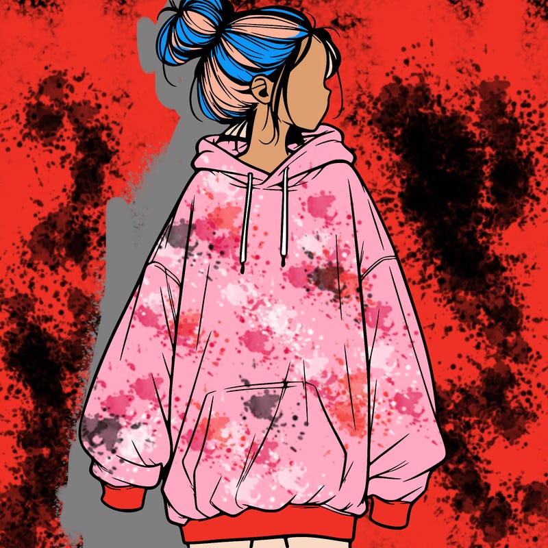 realistic girl with a oversized sweatshirt on and a bun