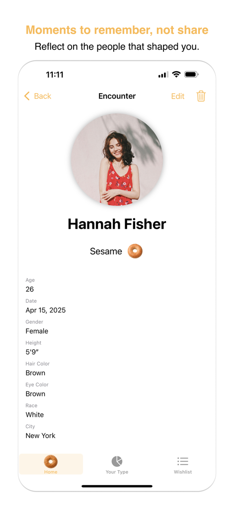 Bagel Count - Bagel Countアプリの詳細な出会いエントリ画面。年齢、身長、場所などの特徴を持つ人物プロフィールが表示されています。