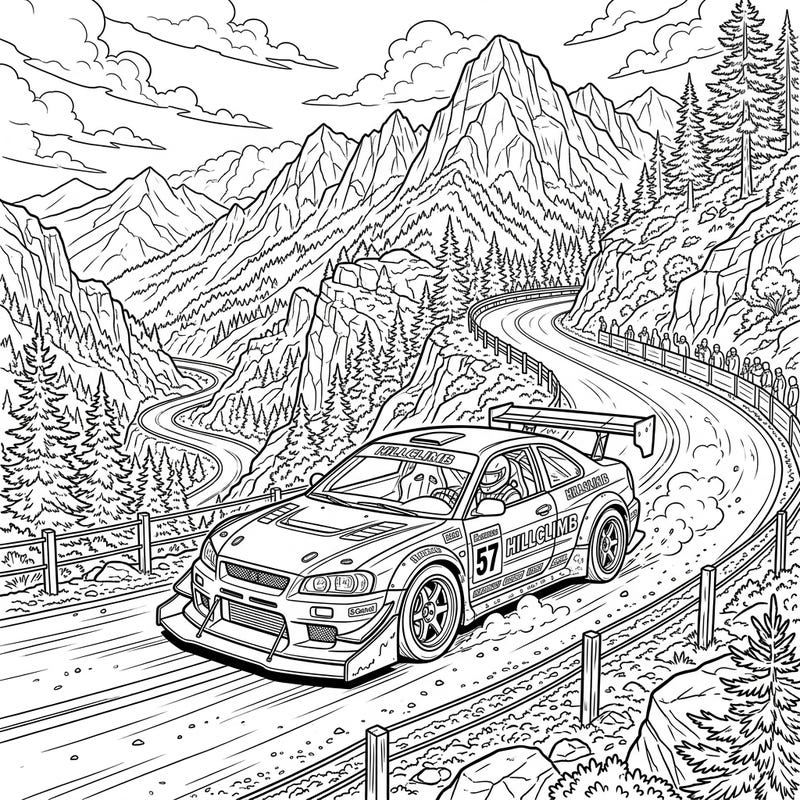 Feel the rush of the race as you color this dynamic hillclimb racer battling a winding mountain road. This intricate scene promises an engaging and satisfying coloring adventure.
