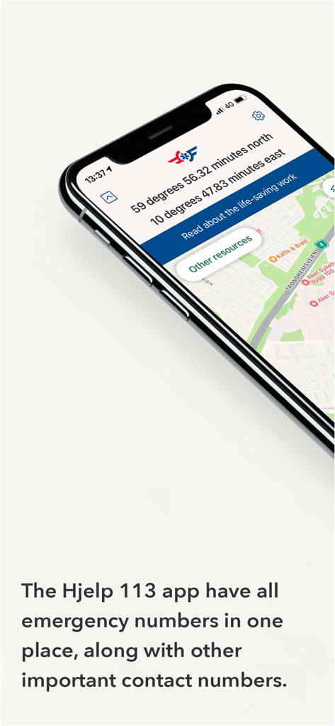 Hjelp 113 app interface displaying GPS coordinates and emergency map