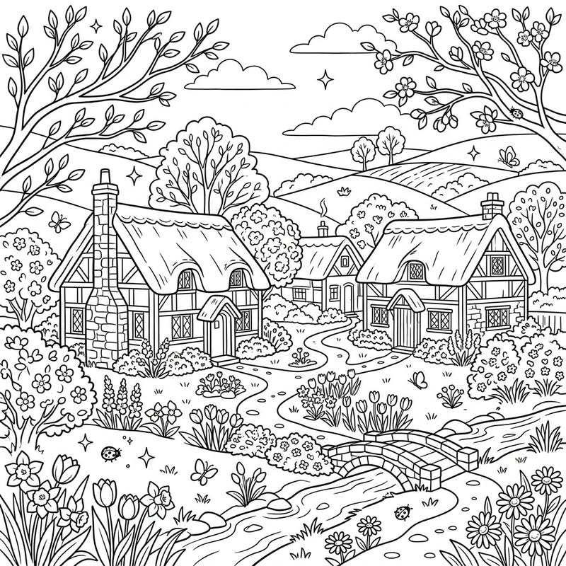 Immerse yourself in the serene beauty of spring with this charming coloring page featuring idyllic rural cottages. Let your creativity bloom as you bring this picturesque countryside scene to life with your favorite colors.
