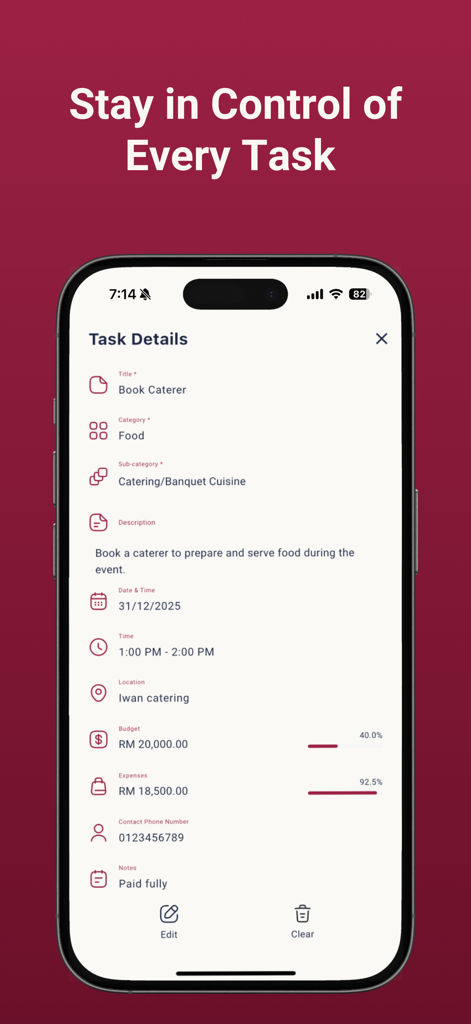 akad Planner - Detailed wedding task management screen in the akad Planner app showing catering information and budget progress bars