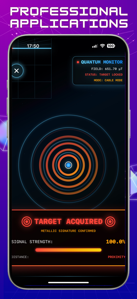 Metal Detector: Magnetometer - Una pantalla de smartphone que muestra el detector de metales con el estado de objetivo adquirido y alta intensidad de señal magnética