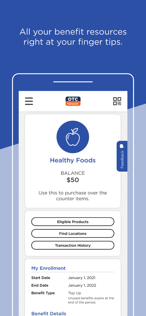 OTC Network - OTC Networkモバイルアプリのダッシュボードに、50ドルの健康食品特典の残高が表示されています